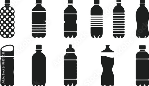 PET Bottle Silhouette Icon Set Vector Illustration, Simple Hand Drawn Plastic Container Symbols for Water, Liquids, and Oil Packaging in Black Vector Pictogram Style