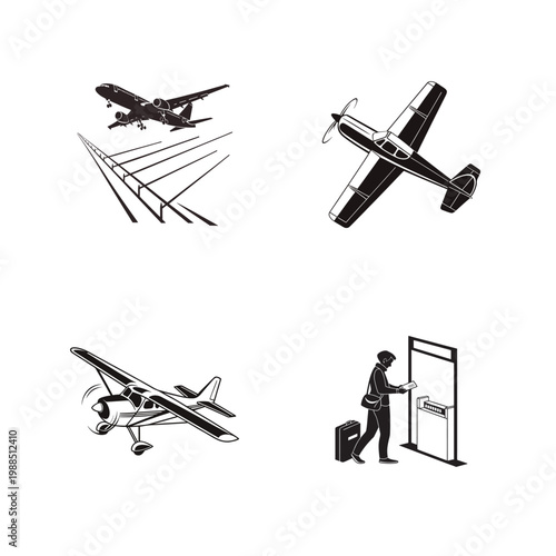 Black and white illustrations of various airplanes with an airport terminal scene featuring a traveler walking with luggage on white background