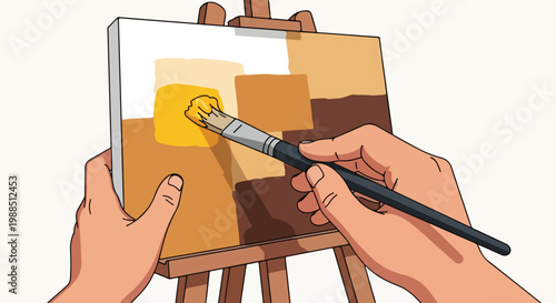 Artist's hands painting yellow blocks on a canvas mounted on a wooden easel stand