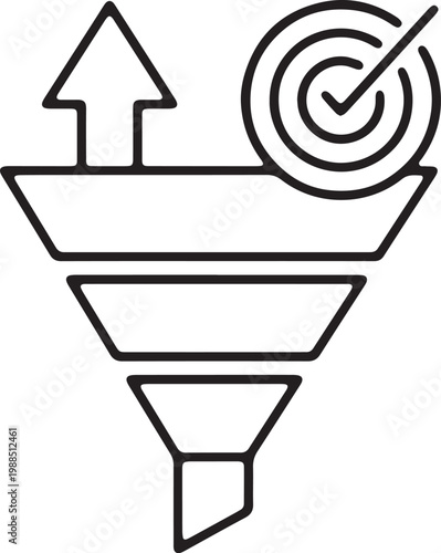 Art & Illustration, Outline vector graphic of a marketing funnel with an upward arrow and bullseye target. Represents sales optimization and lead generation.