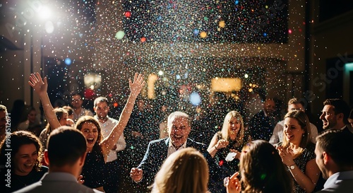 People celebrating with confetti indoors.