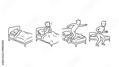 Waking up and getting out of bed routine illustrated in clean figure line illustration style for daily lifestyle activity sequence and morning routine visuals