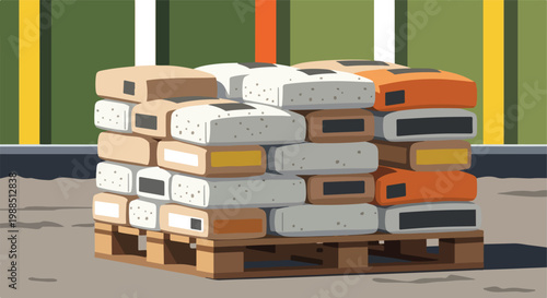A stack of multicolored bags of construction material resting on a wood pallet