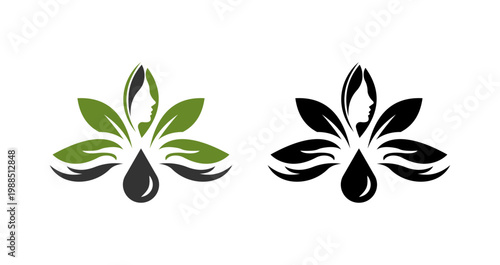 A stylized logo featuring a flower-like design with leaves and a teardrop shape in green and black colors on a white background