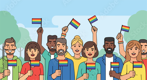 Diverse group of people holding small rainbow flags at an outdoor pride parade
