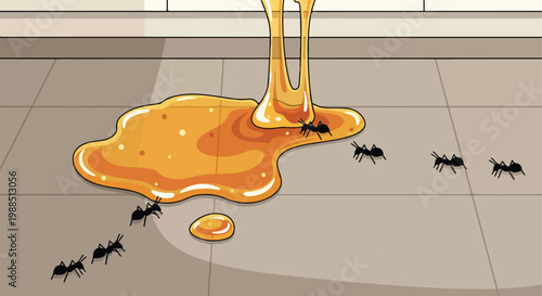 A stream of thick honey spills onto a tile floor where black ants are gathering