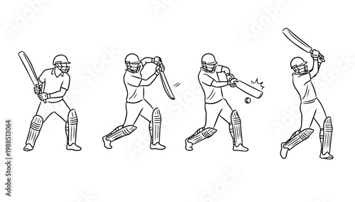 Cricket batting action sequence showing different swing stages illustrated in dynamic sports line illustration style for training visuals motion study and athletic performance reference