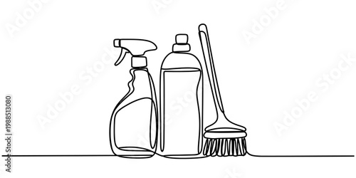 Continuous line drawing of household cleaning supplies including spray bottle and brush Vector, illustration
