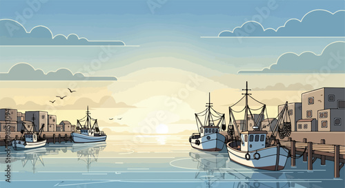 Fishing boats docked at a calm harbor during a soft, peaceful golden sunrise view
