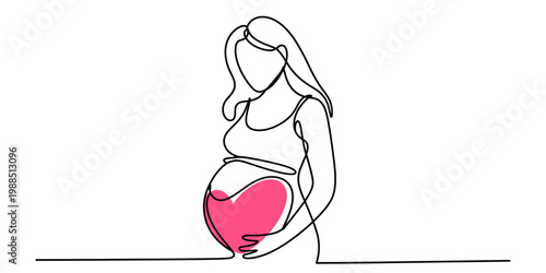 Continuous line drawing of a pregnant woman holding her belly with a pink heart inside. Vector, illustration
