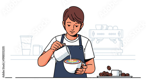 A young barista creates a colorful rainbow heart design in a ceramic coffee cup