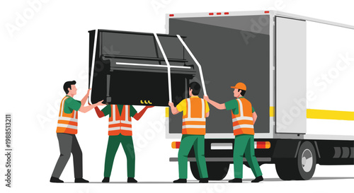 Four workers in uniforms lifting a heavy black piano into the back of a truck