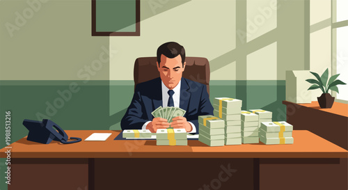 A suited businessman counts a large pile of cash while sitting at his office desk
