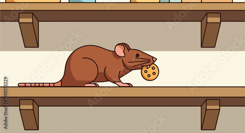 A brown mouse stands on a shelf, holding a round cookie in its small mouth