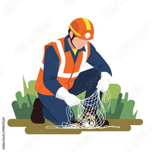 A worker in protective gear carefully uses a net to rescue a small wild bird