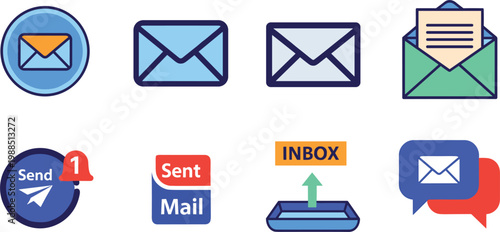 Email and messaging icons set with inbox send mail notification envelope communication app interface elements flat design