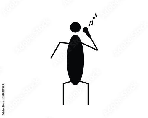 Minimalist stick figure singing into microphone with musical notes, live performance concept, music entertainment icon, vocalist and karaoke symbol