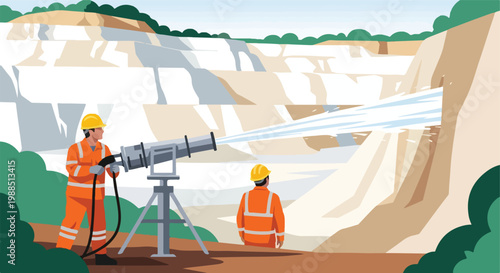 Two workers use a high-pressure water cannon to excavate a large open pit mine