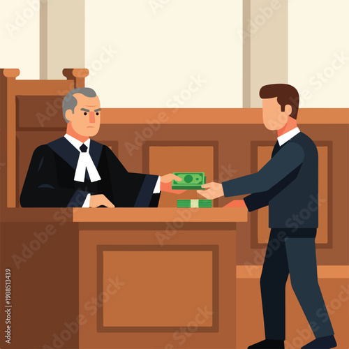 A judge sitting in a courtroom takes a bribe from a man in a formal business suit