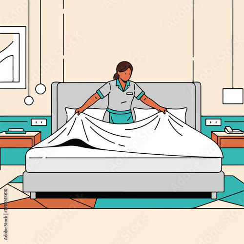 A hotel housekeeper in a uniform is making a bed in a modern styled guest room
