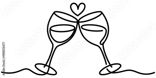 Minimalist continuous line drawing of two wine glasses clinking together for a celebratory toast. Vector, illustration