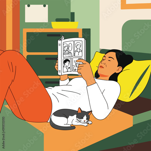 A woman relaxes in bed reading a manga book with her cat napping on her lap