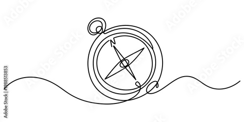 Continuous line drawing of a navigation compass with wavy horizontal lines on a white background Vector, illustration
