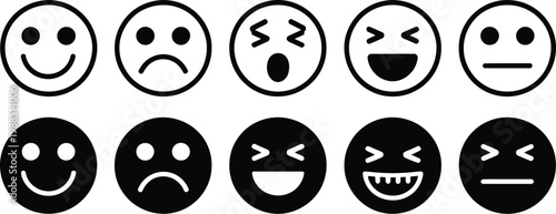 Smiley Face Cartoon Icon Set Vector Design, Black and White Outline and Filled Styles Representing Happiness, Emotions, and Positive Mood for UI UX and Design Projects