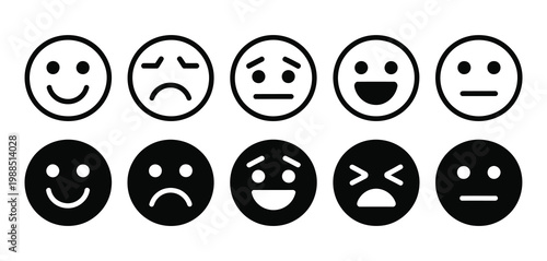 Smiley Face Cartoon Icon Set Vector Design, Black and White Outline and Filled Styles Representing Happiness, Emotions, and Positive Mood for UI UX and Design Projects