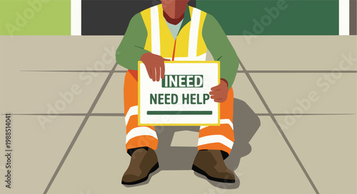 A person in high-visibility work clothes sitting on a sidewalk holding a sign