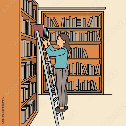 A woman stands on a tall ladder to place a book on high library shelves
