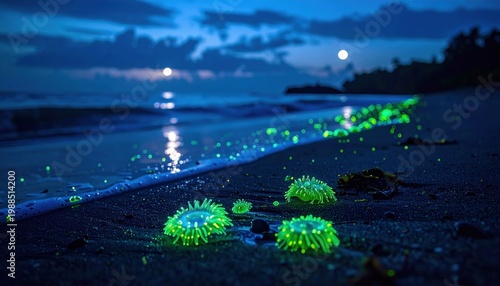 Bioluminescent algae clusters glow intensely along a moonlit tropical beach shoreline at night, captivating natural light display