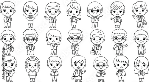 Senior business professionals kawaii outline character graphic drawing