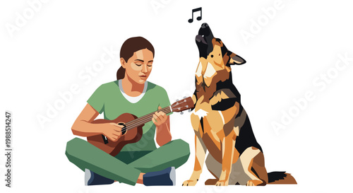 A woman in green sitting cross-legged while playing ukulele for a howling dog
