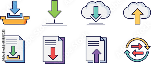 File upload and download icons set with cloud transfer sync arrows and document data exchange elements