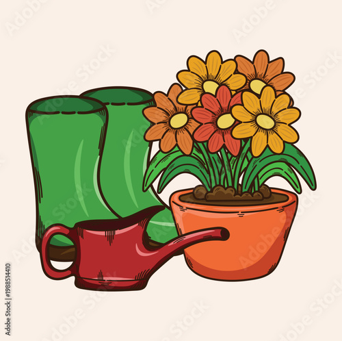 Illustration of a flower pot with a watering can and boots gardening vector icon