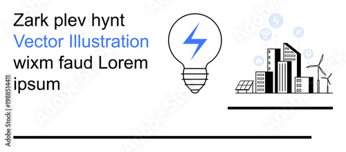 Renewable energy, sustainability, green technology, urban development, energy efficiency, electricity. Light bulb with a lightning icon and cityscape with wind turbines, solar panels. Renewable
