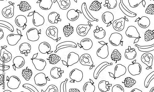 Fruits line seamless pattern. Cute Handdrawn Seamless Design. Fruits including apples, pears, bananas, strawberries, mangosteens, avocados, and oranges