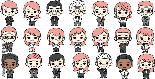 Diverse elderly professional kawaii colored vector illustration bundle