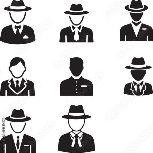 Gentleman and Businessman Avatar Icon Set with Fedora Hat and Suit