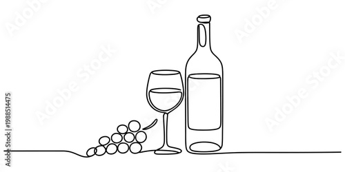 Continuous one line drawing of a wine bottle glass and grapes on white background. Vector, illustration