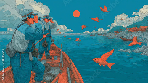Fishermen Boat Orange Fish Flying Fantasy | Vintage Style Fishermen Ocean Illustration | Surreal Fishing Scene Red Sky Boat
