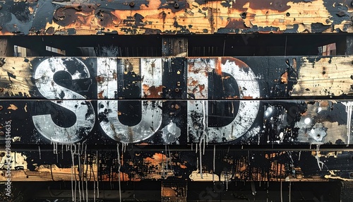 Bold White and Black Spray Painted Lettering on Weathered Orange Industrial Surface