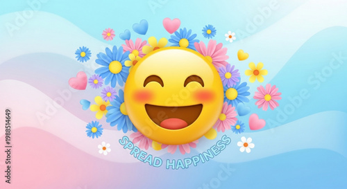 Smiling yellow emoji face surrounded by colorful flowers and hearts on a pastel background with 'spreading happiness' text