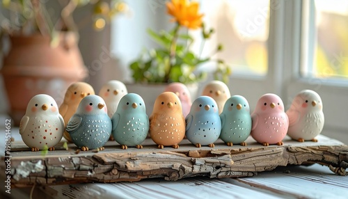 Charming ceramic decorative bird figurines displayed on a rustic wooden surface with a soft, blurred floral background
