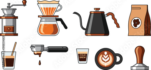 Professional Specialty Coffee Brewing Icon Set Featuring Manual Grinder, Gooseneck Kettle, Pour Over Dripper, Espresso Portafilter, Latte Art, and Roasted Coffee Beans
