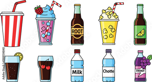 Snack Bar Beverage Icon Set Featuring Root Beer Bottle, Popcorn Milkshake, Raspberry Smoothie, Energy Drink, and Classic Cinema Sodas for Movie Theater and Cafe Designs