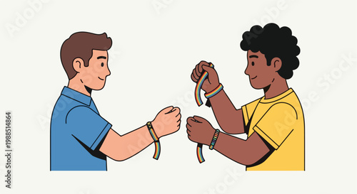 Two men wearing colorful rainbow wristbands exchange friendship bracelets together