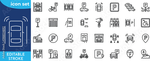 Parking line editable icon set. editable stroke. Contain icons related to parking, parking signs, parking area, and more.