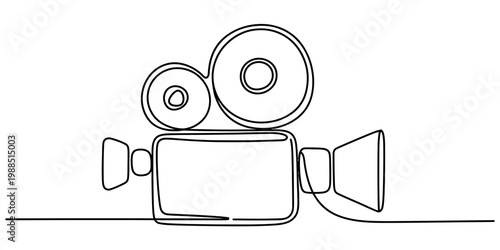 Continuous line drawing of a vintage movie camera icon isolated on a white background Vector, illustration